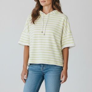 Lou & Grey Women’s Neon Yellow white Striped Short Sleeve Hooded Knit Top M